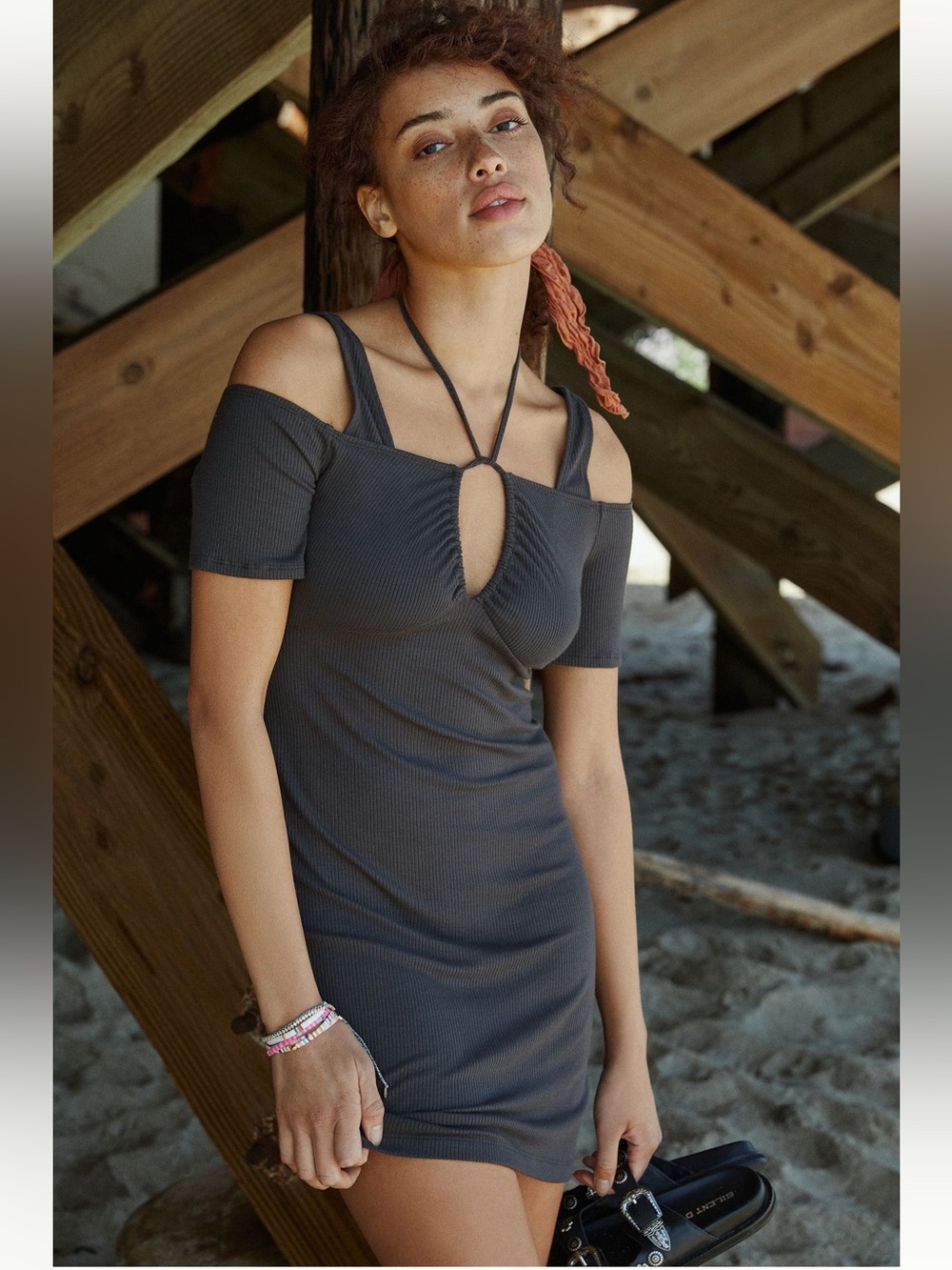Anthropologie Charcoal Ribbed Cold-Shoulder Mini Dress